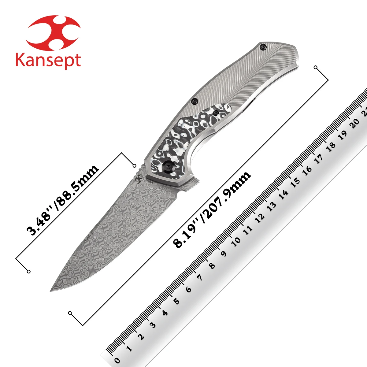 

Kansept HAVØRN K1069A1 Pocket Folding Knife Damascus + Titanium + Black and White Carbon Fiber Inlay Handle Tactical Folder EDC