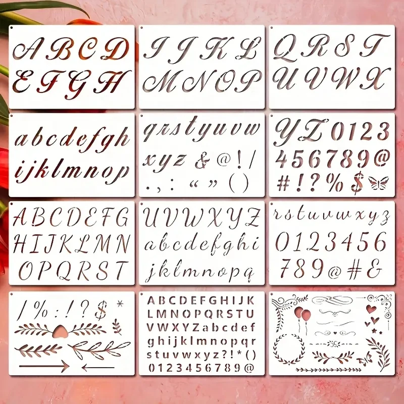 12 قطعة 8.3x5.5 بوصة استنسل الأبجدية مخطوطة مع أرقام ورموز قوالب حروف قابلة لإعادة الاستخدام لعلامات ذاتية الصنع قماش السبورة Woo