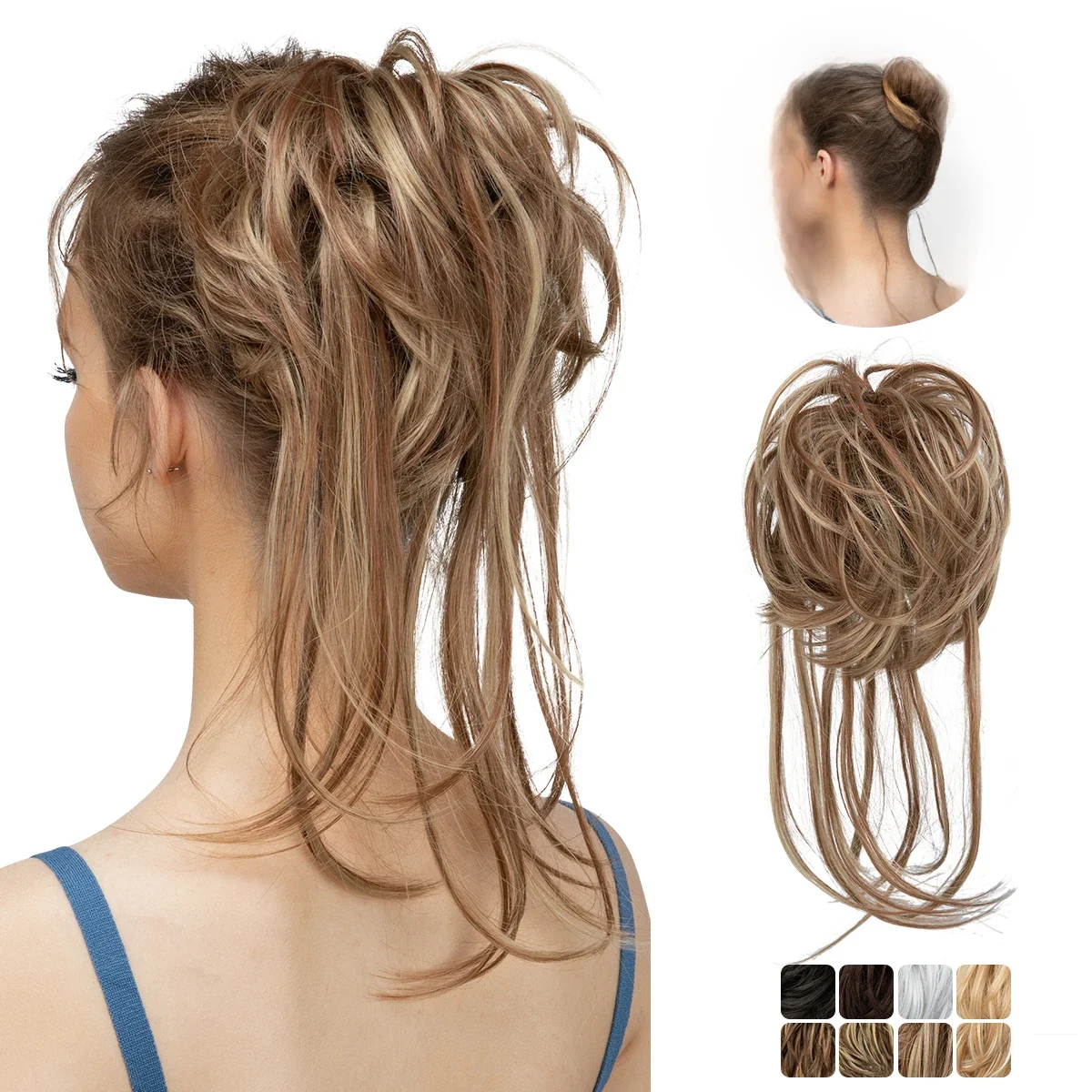Syntetyczne elastyczne kręcone roztrzepany kok treski Scrunchie czarny blond brązowy naturalne sztuczne włosy Chignon opaska Updo pączek dla kobiet — zdjęcie 2