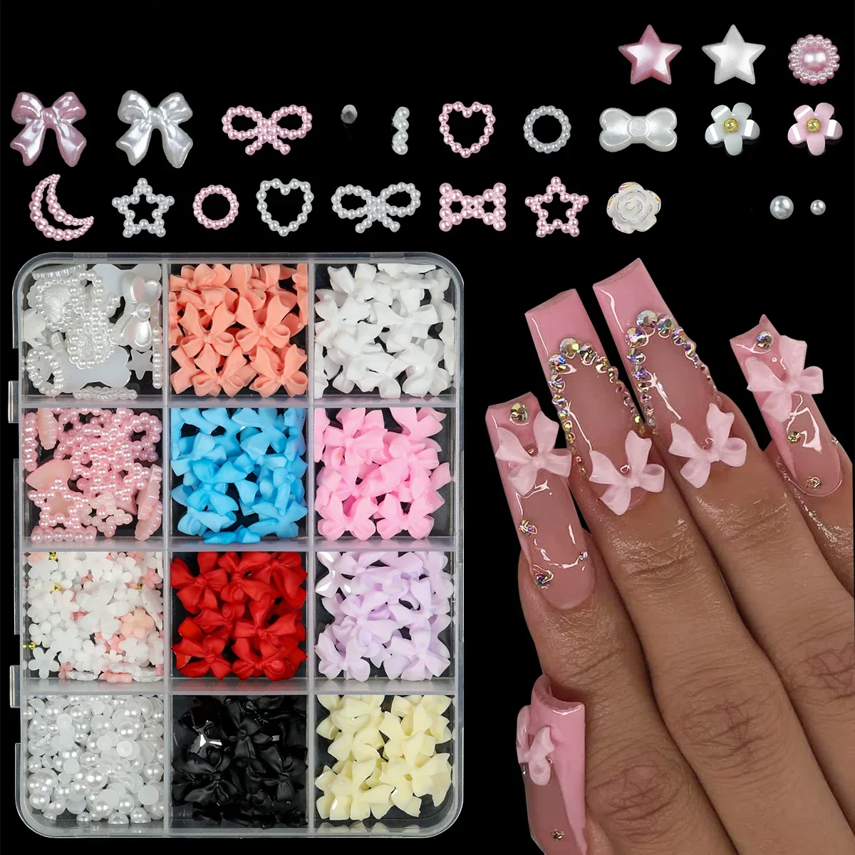 12/15 przegródek/pudełko Mieszane żywiczne ozdoby do paznokci w kształcie kokardek, akrylowe charmsy 3D, kawaii kolorowe kokardy, cyrkonie, DIY narzędzia i elementy do manicure — zdjęcie 2