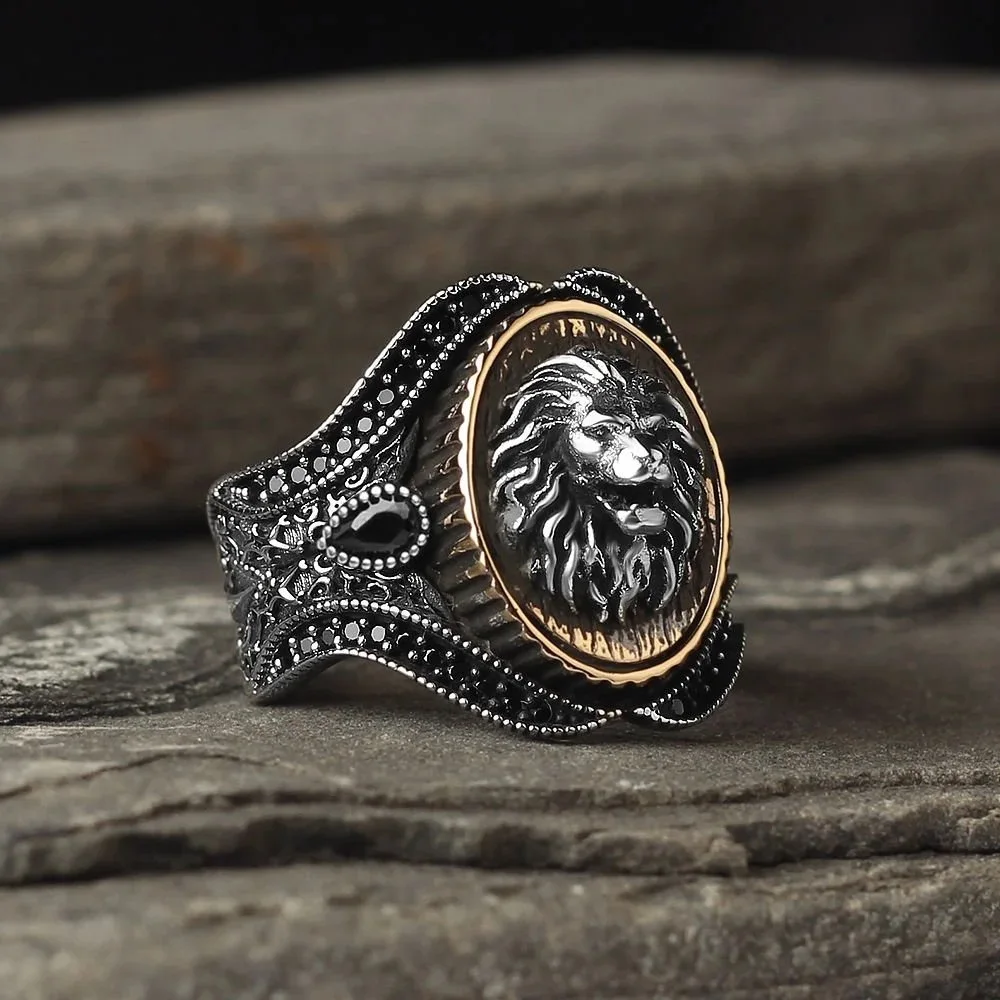 Handmade Real 925 Sterling Silver Lion Prime Ring For Men Jewelry Fashion Vintage Zircon Onyx Gift Male Accessory