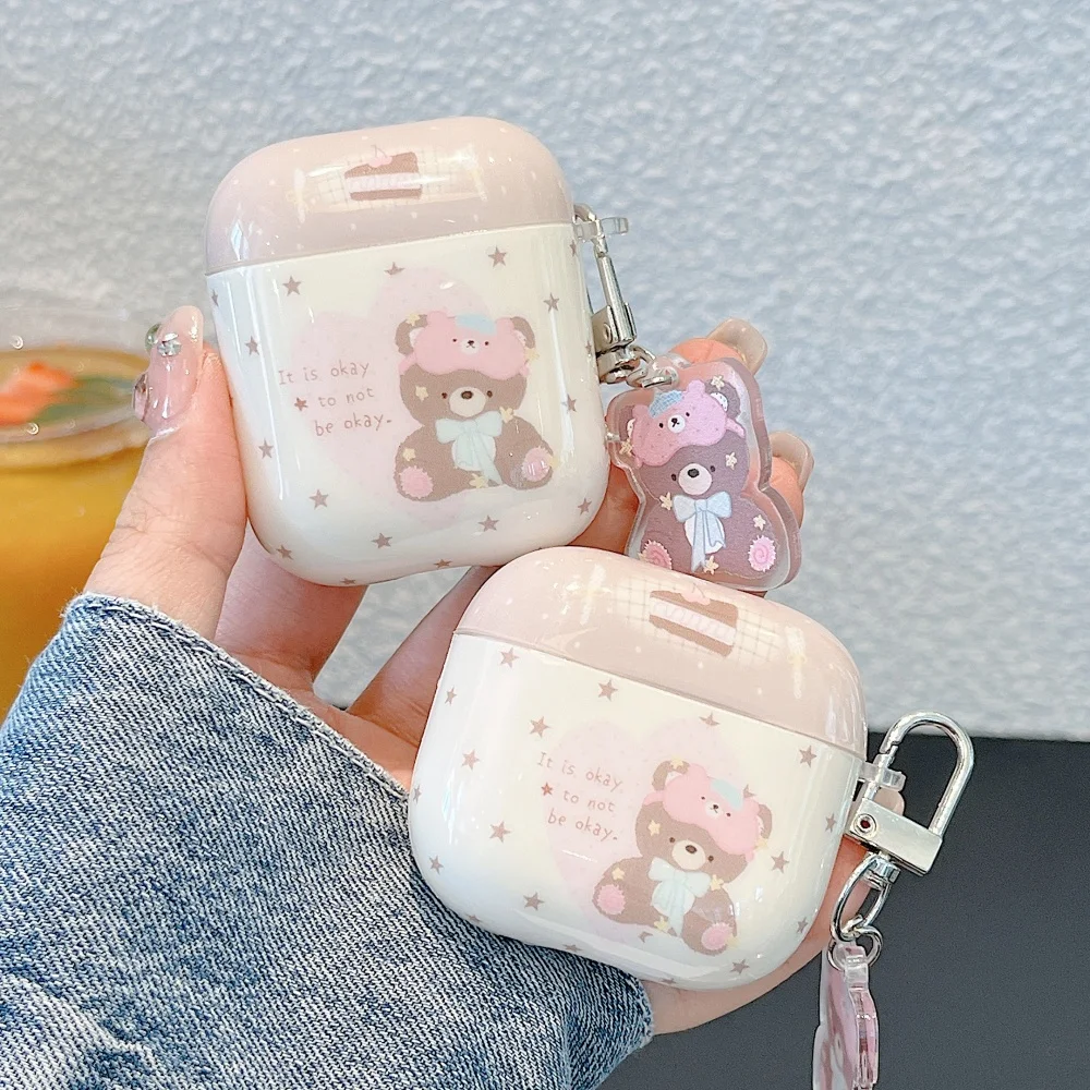 Cute Sleeping Bear Headphone Case for Apple AirPods 2 3 4 Pro 2 Pro 3 Shockproof Case with Chain Sweet Kawaii Cartoon Bear Funda