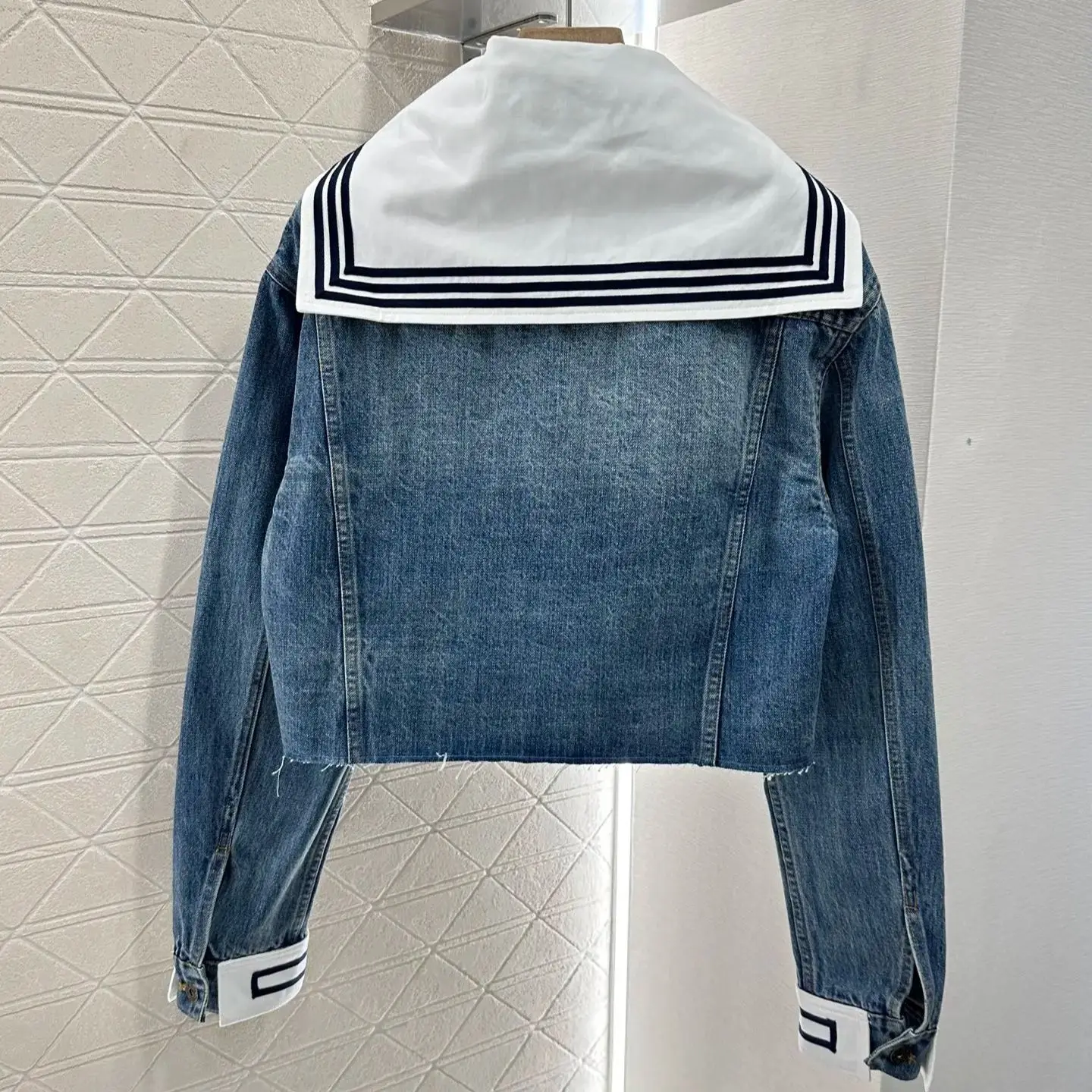

2025 Navy Collar Lapel Denim Jacket Skirt Suit Twill Cotton Denim Material Contrast Stripes Detachable Flap Pockets