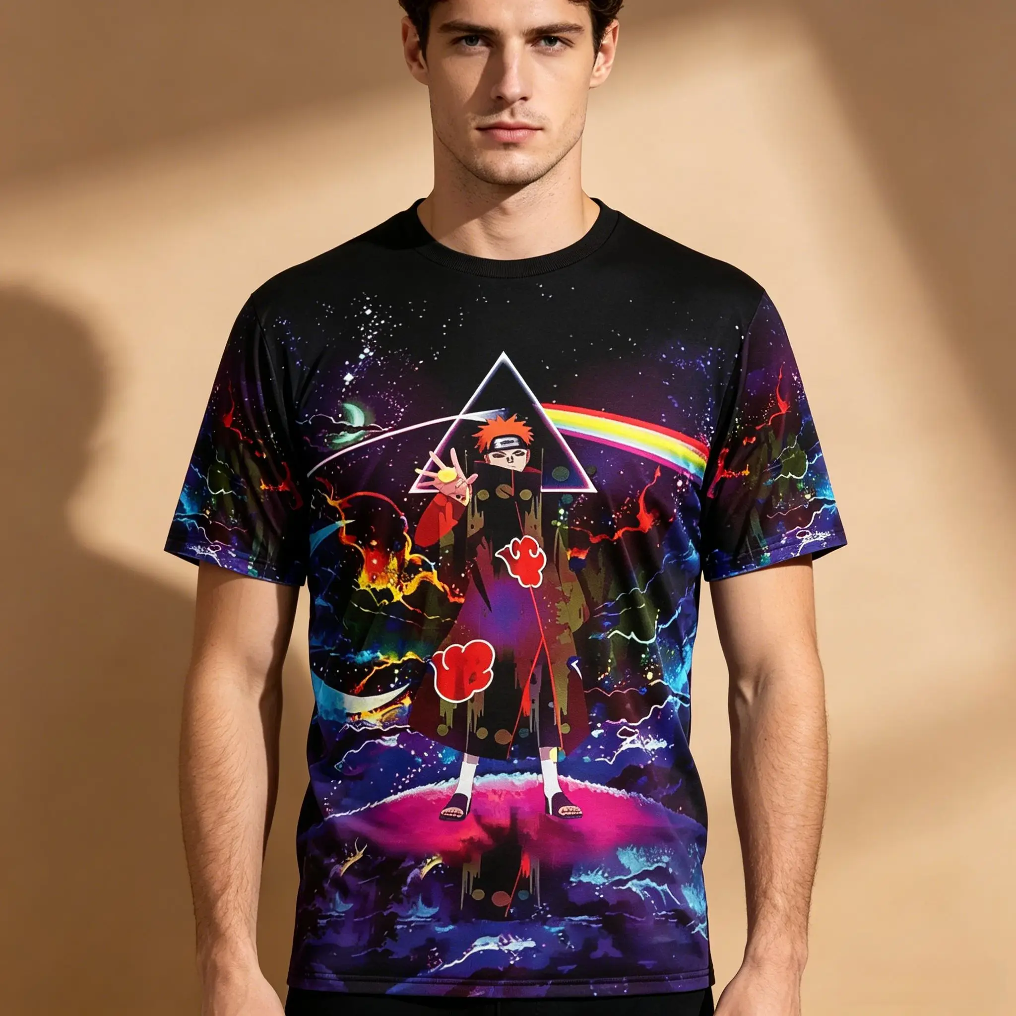 Camiseta de manga corta con estampado completo de Naruto Pain Akatsuki Cosmic Rainbow Triangle para hombre, estilo psicodélico Galaxy Anime Otaku Streetwear