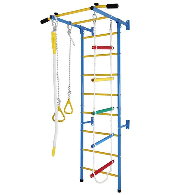 Klimspeelgoed voor kleine kinderen, een multifunctioneel fitnessapparaat voor binnen, bestaande uit een stalen trap en een wandset, inclusief een wandtrap, een horizontale stang, een touw en