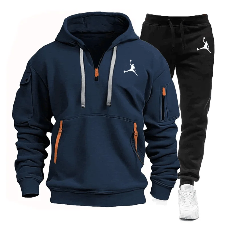 2024 Spring/Summer New Men\'s Sportswear Multi Pocket Zipper Hoodie+Sports Pants Two Piece Jogging and Fitness Set