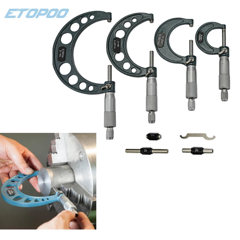 Micrómetros exteriores de 0,001 ", micrómetro de pulgadas de 0-1", 1-2", 2-3 ", 3-4", 0-4 pulgadas, herramientas de medición de calibre de espesor