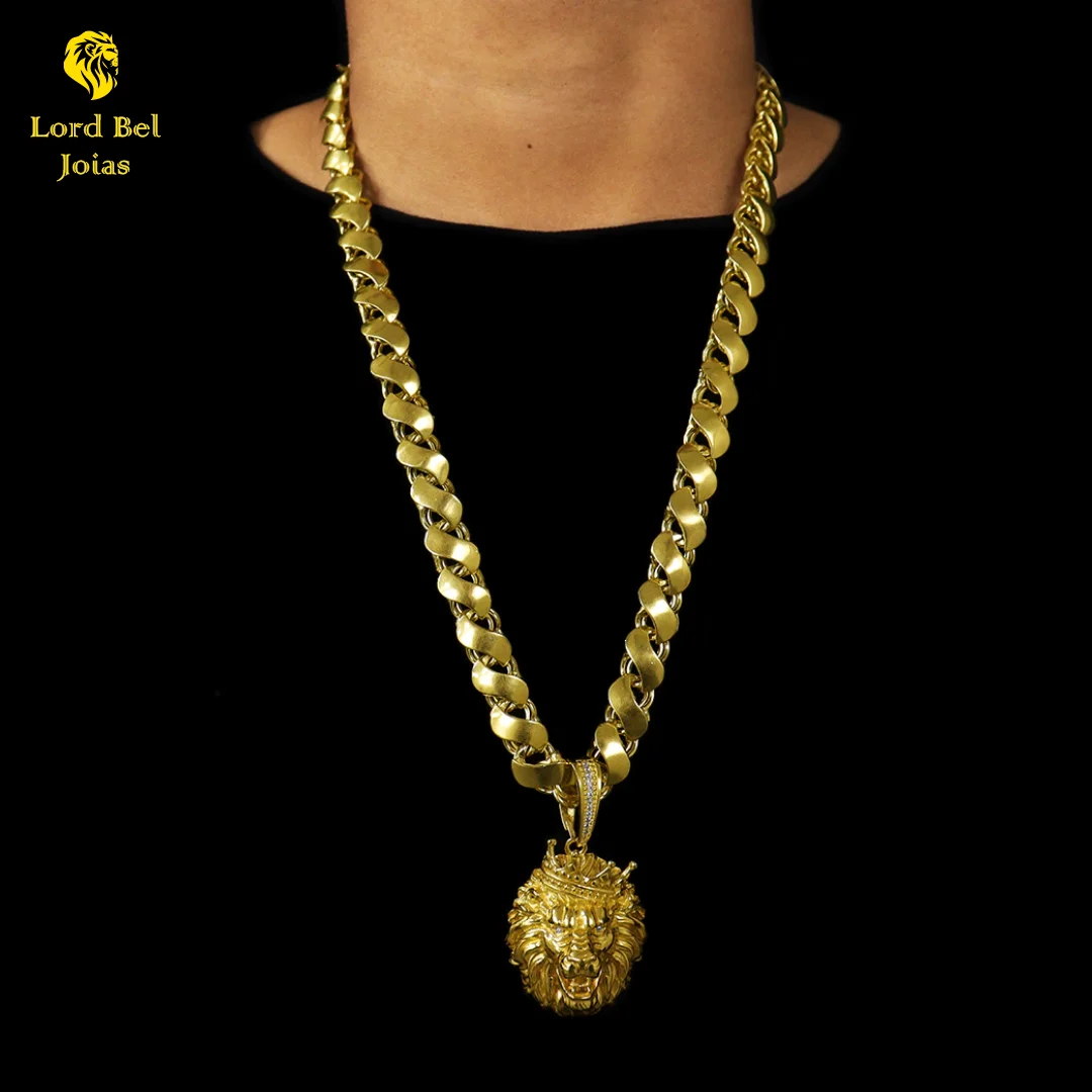 Set S Crim 12mm Chain + Lion King Pendant with studded Eyes-18K Gold identical Old Coin Jewelry