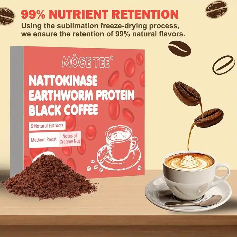 MOGE TEE Nattokinase Black Coffee, Earthworm Protein, Instant Cold Brew, 15 Packets