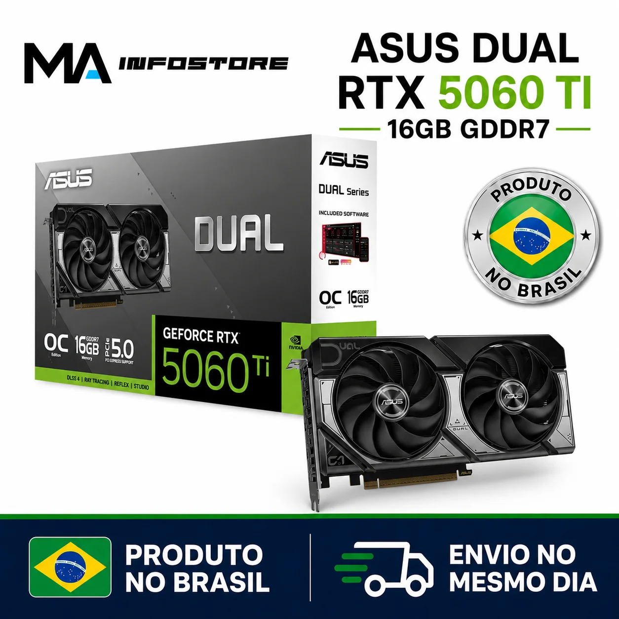 Placa de Vídeo Asus Dual NVIDIA GeForce RTX 5060 Ti OC, 16GB, GDDR7, DLSS, Ray Tracing, DUAL-RTX 5060 Ti-O16G 7