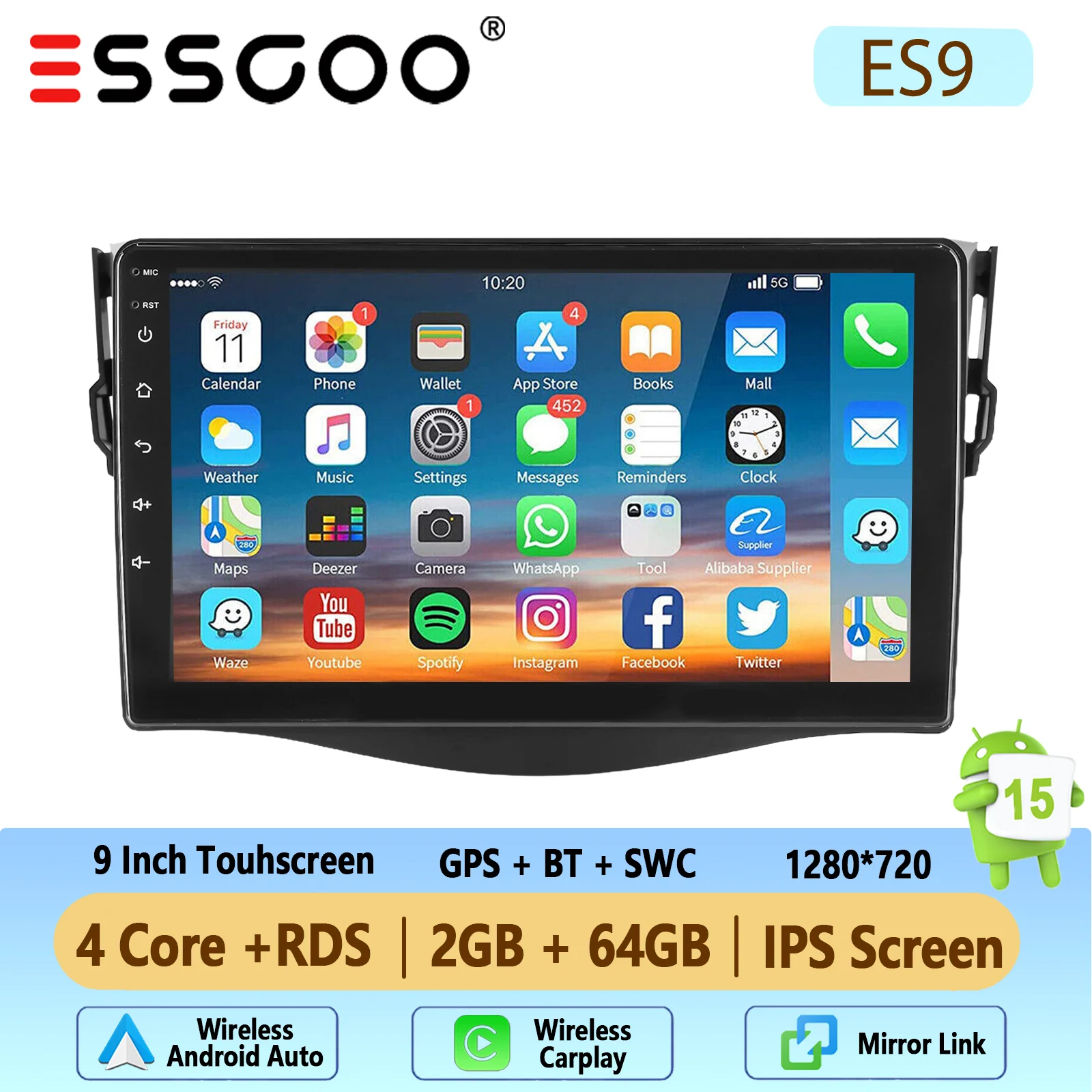 Autoradio ESSGOO Android 15 9 Inch 4+64G voor Toyota RAV4 2007-2012 Draadloze CarPlay Android Auto GPS Navigatie FM WiFi Bluetooth RDS Stuurwielbediening Mirror Link Touchscreen Hoofdeenheid