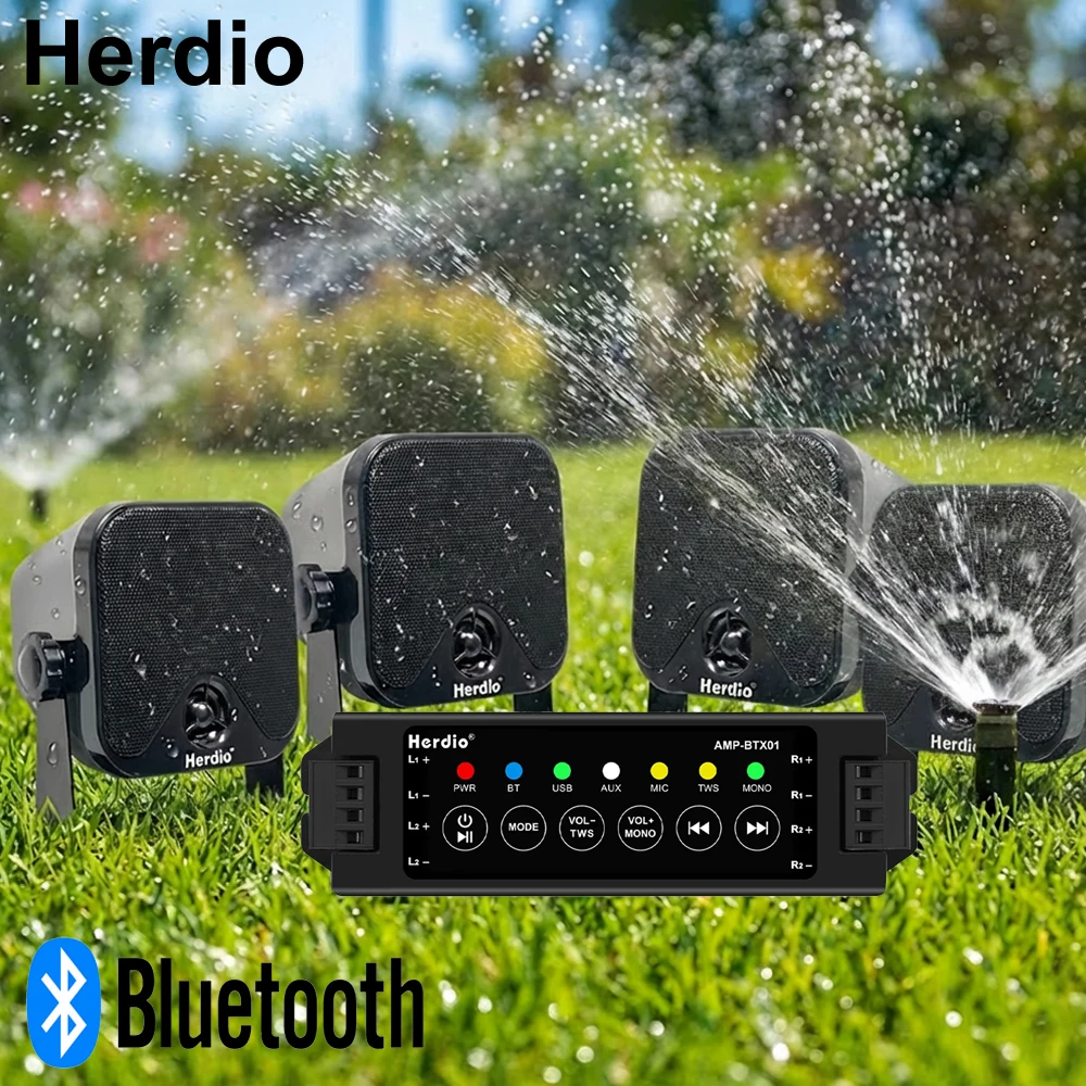 

Herdio 4-дюймовые морские колонки с комплектом усилителя Bluetooth для лодки, сада, патио, у бассейна, сверхмощный уличный звук