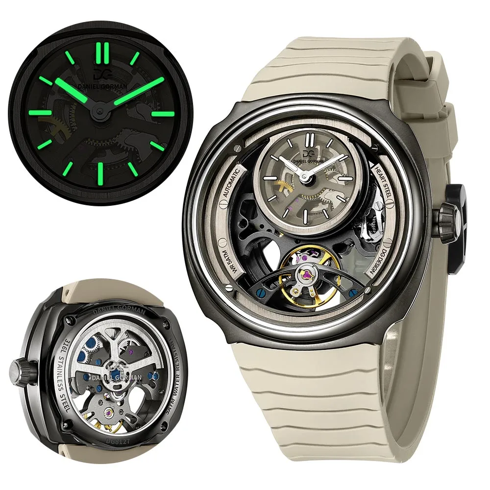 Men Automatic Mechanical Skeleton Watch Hollow Dial Sports Wristwatch 5ATM Waterproof Silicone Strap Male Business Dress Watch