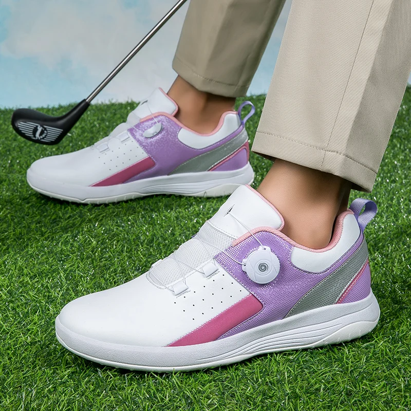 Men Women Leather Golf Shoes Quick Lacing Non-slip Spikes Golf Sneakers Golf Training Sneakers Spin Buckle Golf Athletic Shoes