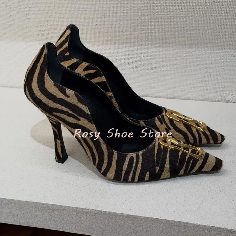 

Zebra-Print Suede Gold Keyhole Fastener Decor Pointed Toe Pumps Gradient Warm Brown Patent Leather Curved Lines Stiletto Pumps