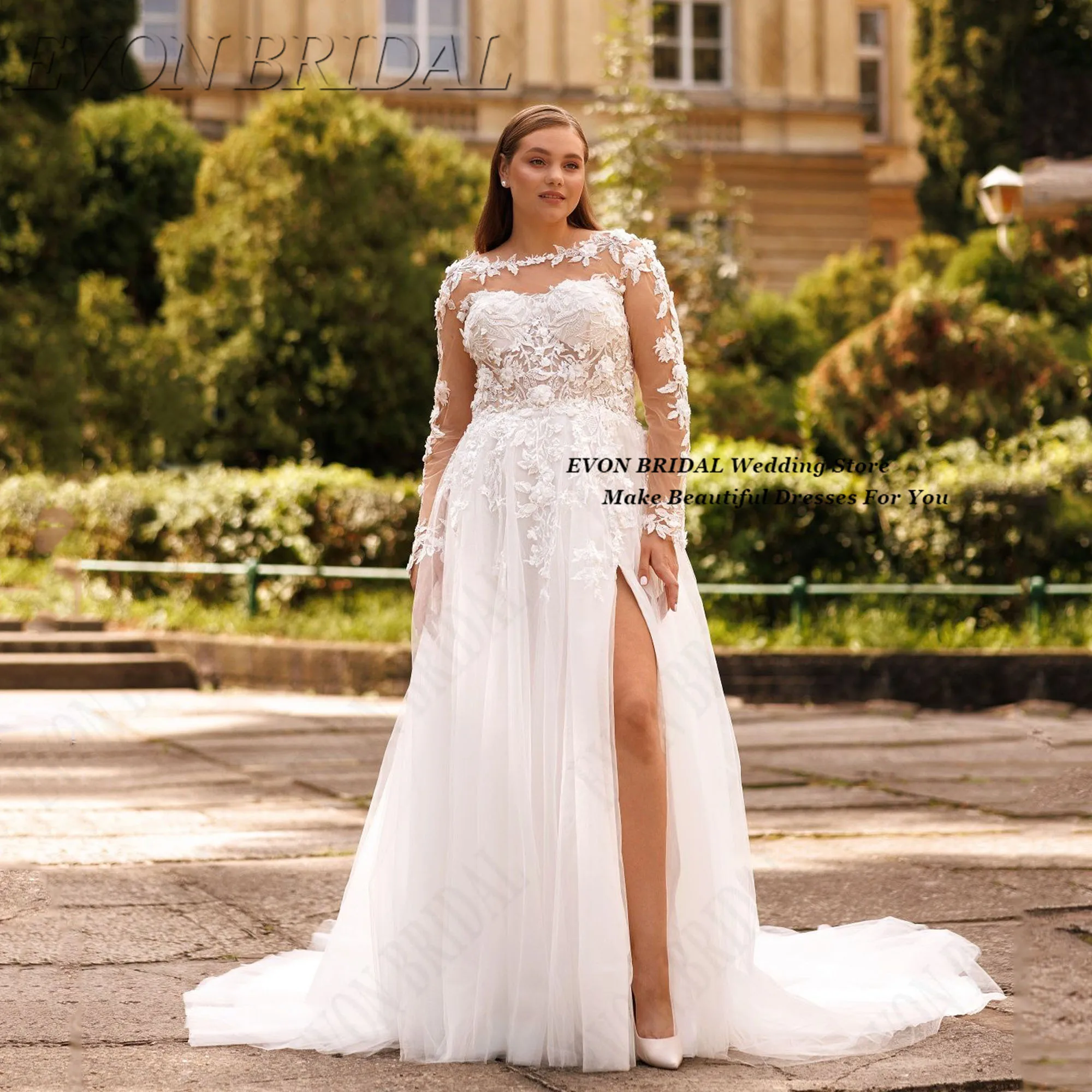 

See Through Lace Wedding Dresses Plus Size Woman Bride Appliques Boho Wedding Gowns High Split Bride Dress EVON BRIDAL Customize