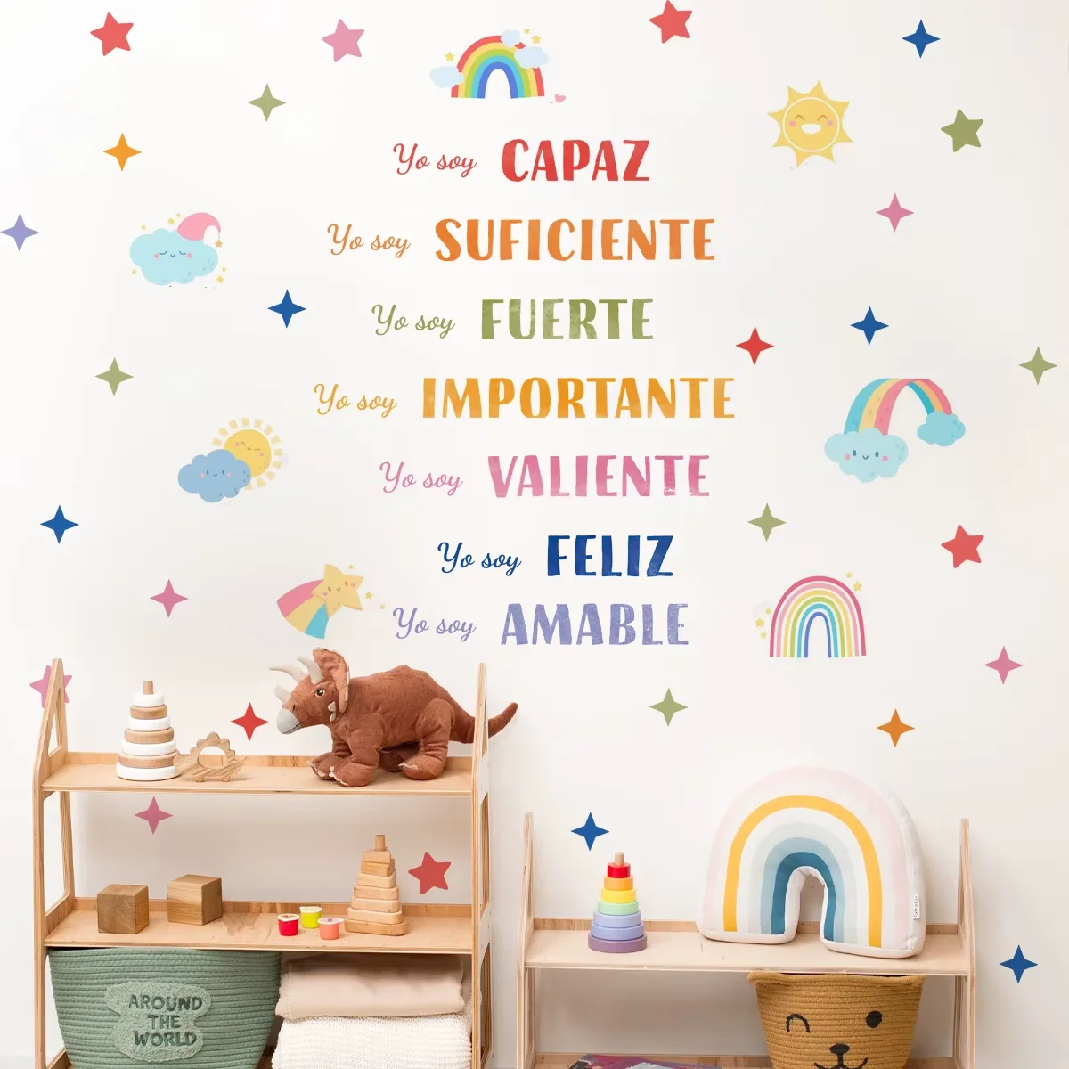Español Yo soja Arco Iris estrellas sol acuarela pegatina de pared guardería habitación de niños arte de la pared calcomanía habitación de los niños sala de estar decoración del hogar