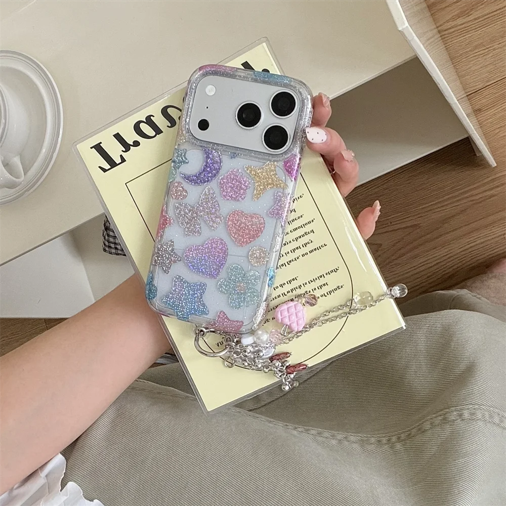 

Glitte Moon Star Cute Phone Case With Chain Cover for iPhone 15 Pro 13 14 15 16 17 Pro Max Case Clear Fashion Shockproof Fundas