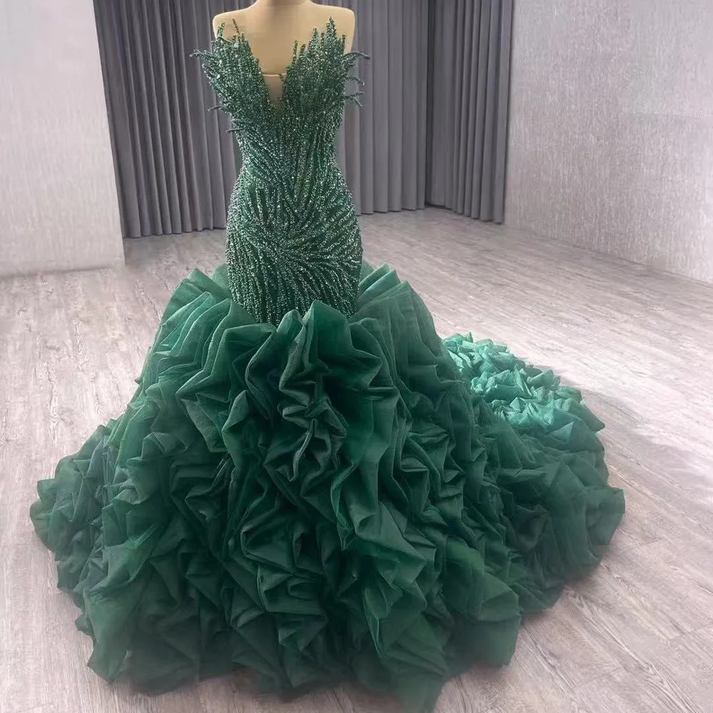 Green Sleeveless Sweetheart Evening Dress Pearl Beaded Lace Vestido De Gala Noche Mujer With Ruffles For Special Occasions view 3
