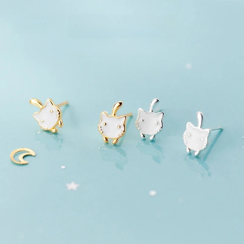 Modian moda srebro 925 złoty kolor słodki kociak stadniny kolczyki dla kobiet antyalergiczne z uszami zwierzęcia Pin Fine Jewelry Kids Gift — zdjęcie 2
