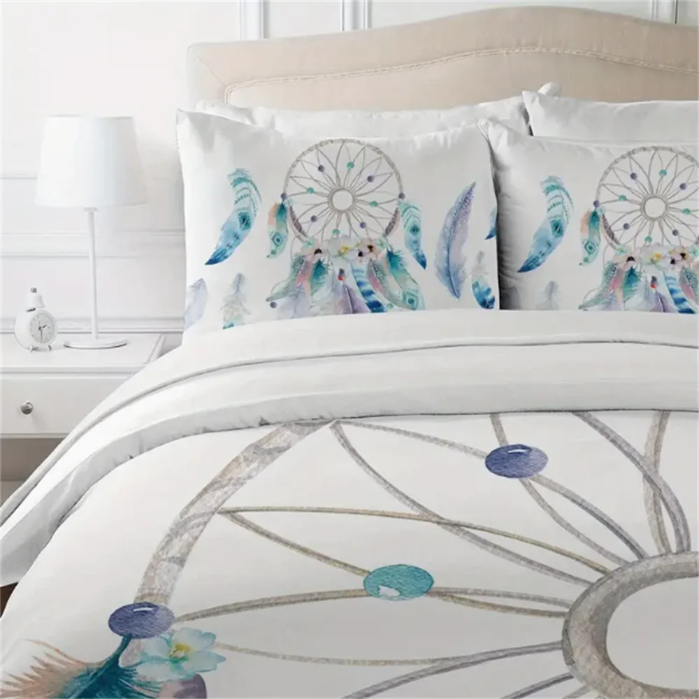 Twin Size 2-Piece Dream Catcher Comforter Set - Vibrant Watercolor Bohemian Flower Print, Soft Feather Pattern, Hypoallergenic