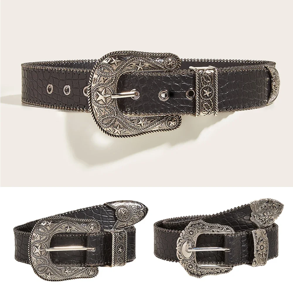 Vintage PU Leder Geschnitzte Pin Schnalle Gürtel Frauen Retro Schwarz Gothic Bund Legierung Schnalle