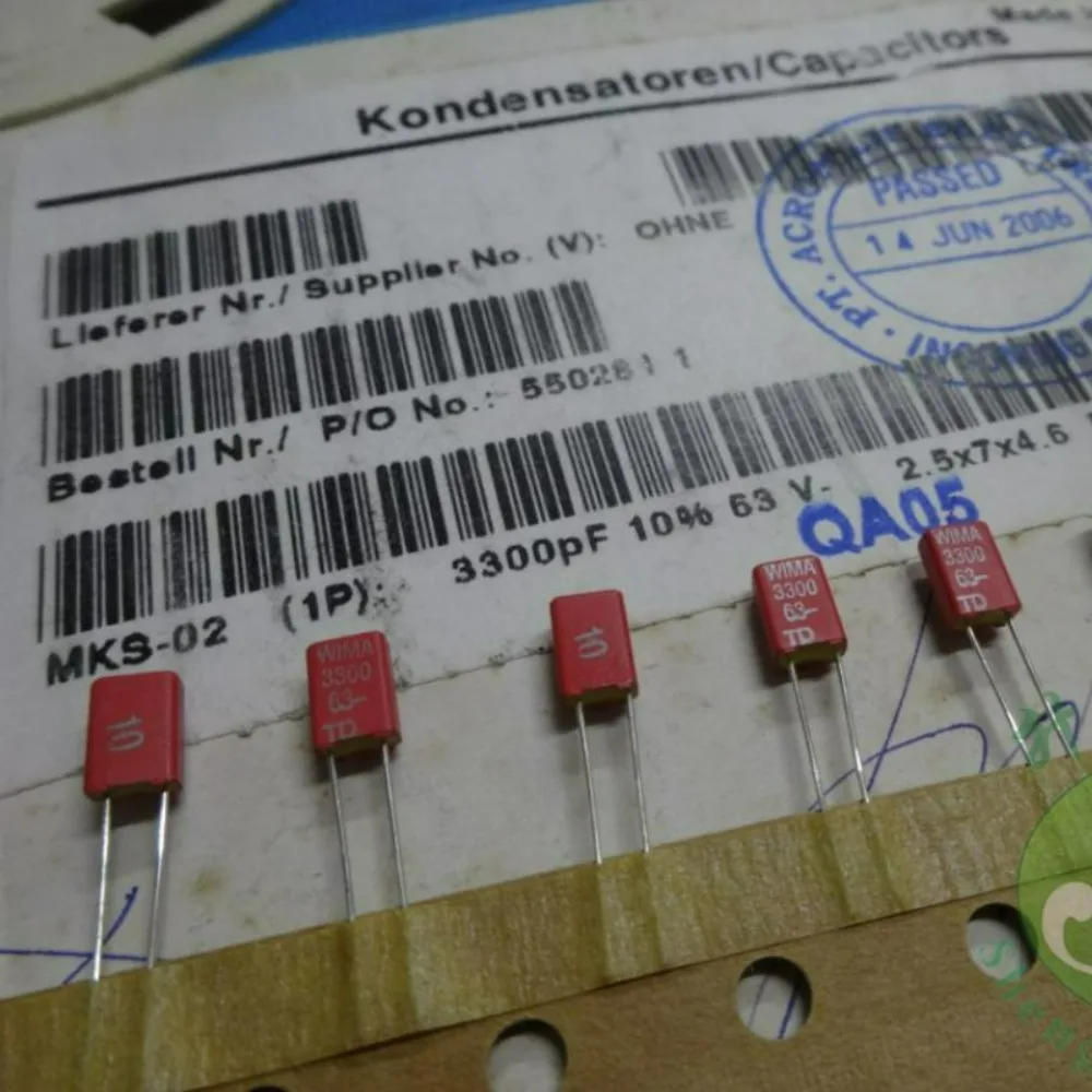5pcs/lot MKS02 0.0033uF 63V 3.3nf 3300pf 3n3 332 K Brand New 2.5mm Film Capacitor