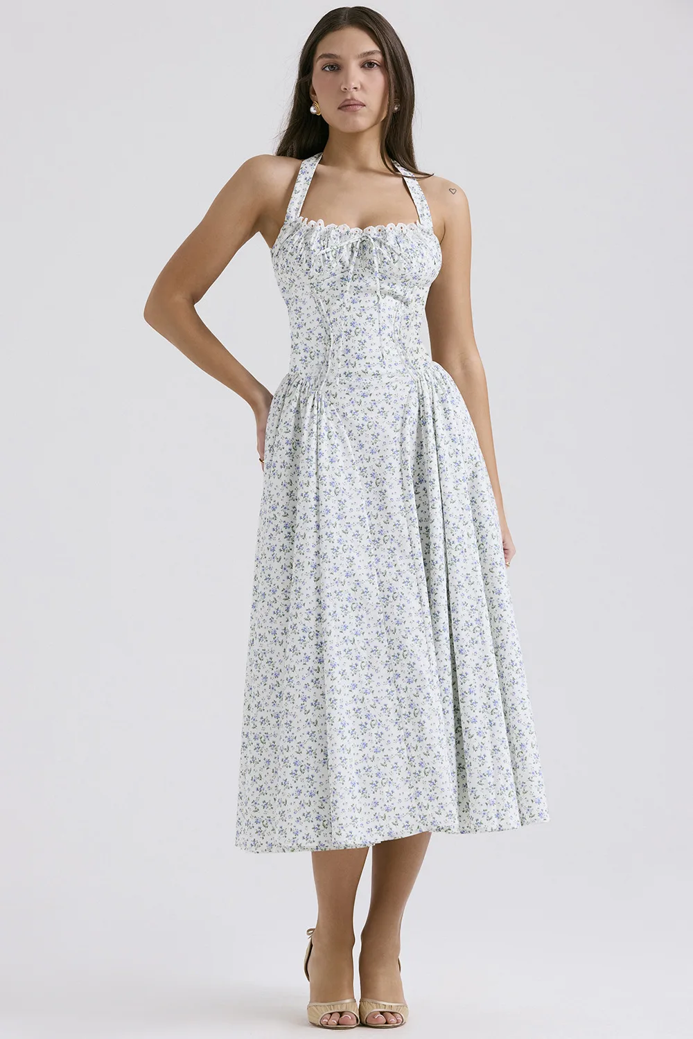 knee length dresses for ladies Cream White Casual Midi Dress with Floral Print Cream White Floral / XSmall main image 0