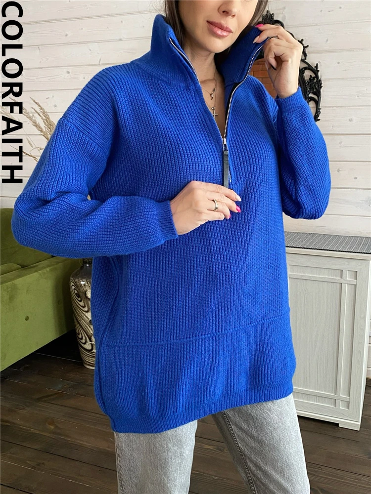 

Colorfaith New 2022 Pullover Turtleneck Fashionable Zipper Autumn Winter Women's Klein Blue Oversized Sweaters Tops SW3258JX