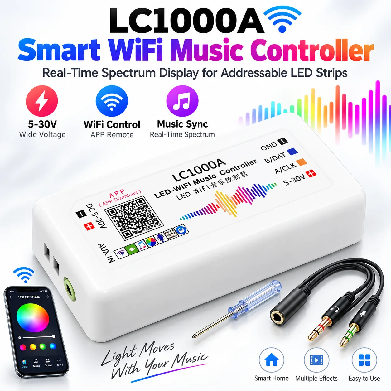 LC1000A Smart WiFi Music Controller 5-30V Real-Time Spectrum Sync for Addressable RGB LED Strip WS2811 WS2812 SK6812