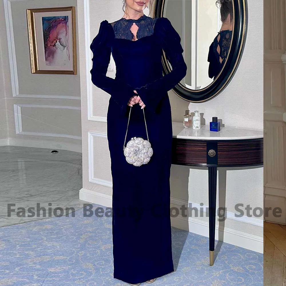 Velvet Evening Dress Dark Royal Blue Lace O-Neck Floor Length Women\'s Formal Gown Long Sleeve Column Wedding Guest Dresses 2024