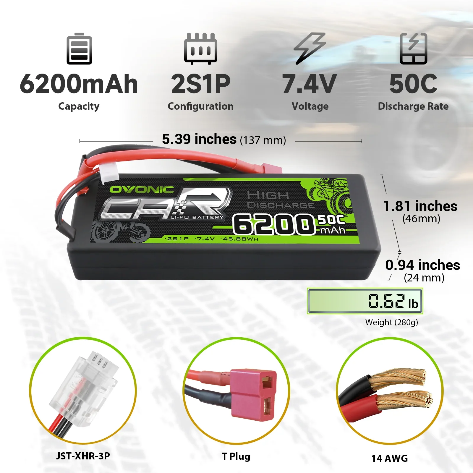 Ovonic 2S 7.4V 6200mAh 50C Hard Case LiPo Battery Pack with Deans T Connector for 1/8 1/10 RC Buggy Truggy Truck Off-road Car Boat RC Hobby Parts 2Pcs
