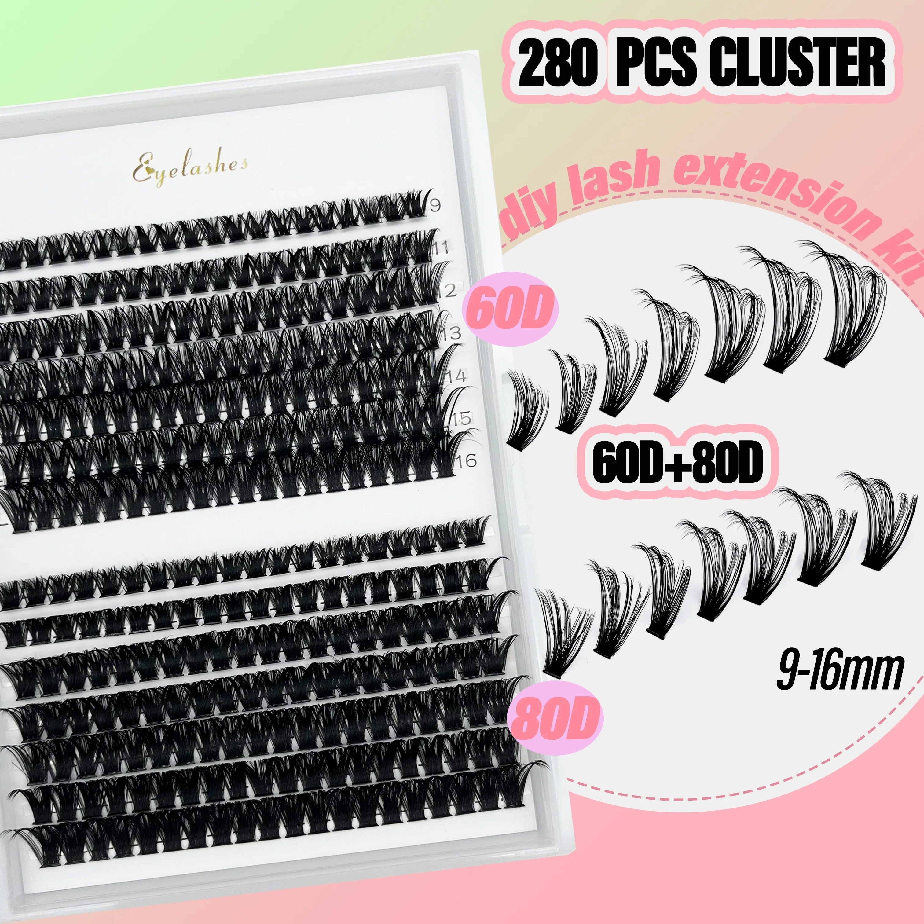 280 sztuk DIY zestaw do przedłużania rzęs naturalny wygląd klastra rzęs indywidualny zestaw do przedłużania rzęs 9-16mm mieszana długość klastra Eyela