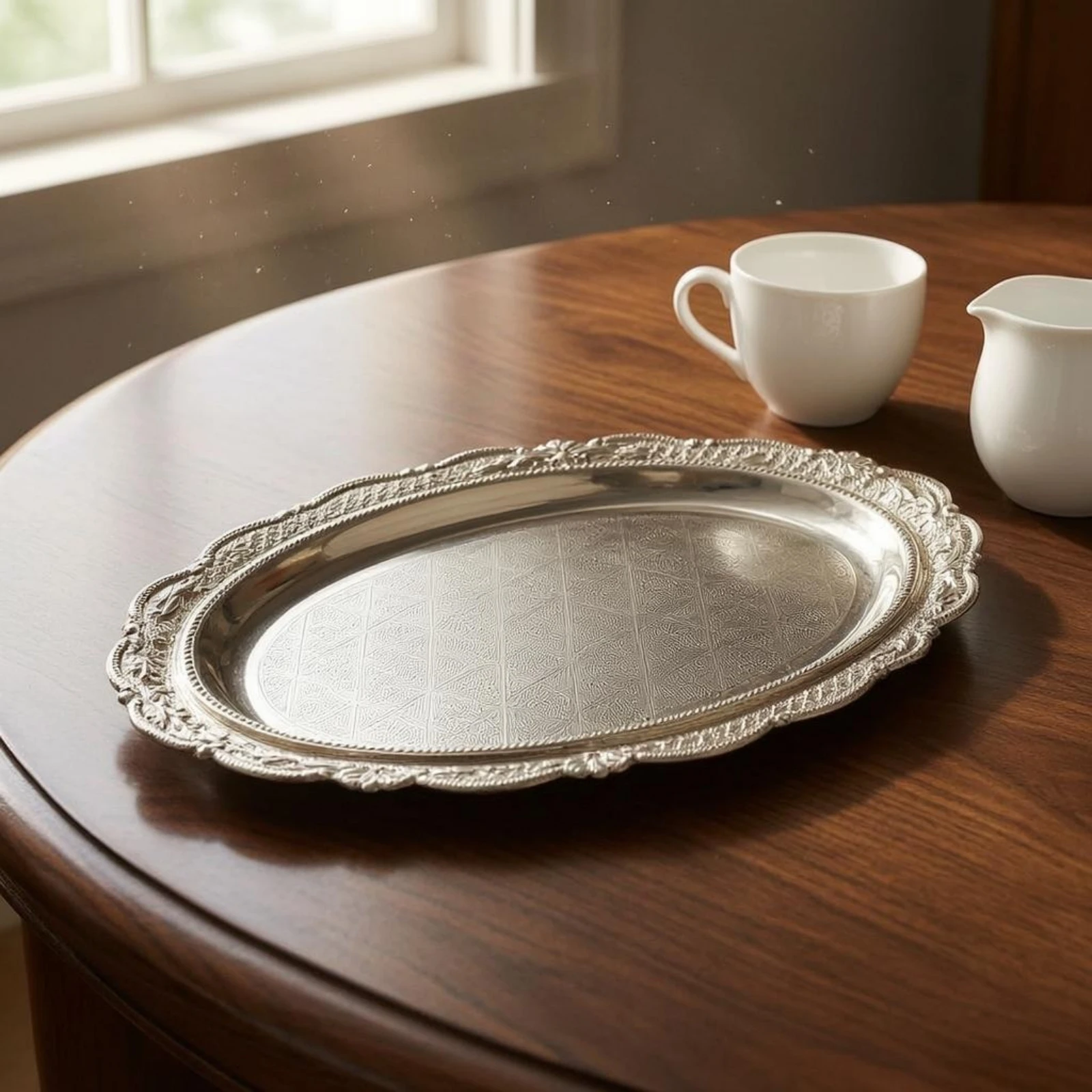 Vintage Silver Tray Embossed Decorative Serving Tray Metal Display Plate for Home Kitchen Coffee Table Decor Wedding Party Gift