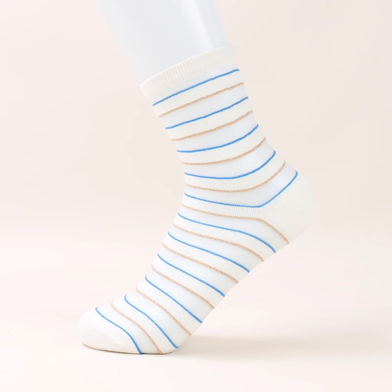 

DONG AI 1 Pairs Summer Women Ultrathin Transparent Socks Meias Harajuku Striped Crystal Socks Glass Silk Short Socks