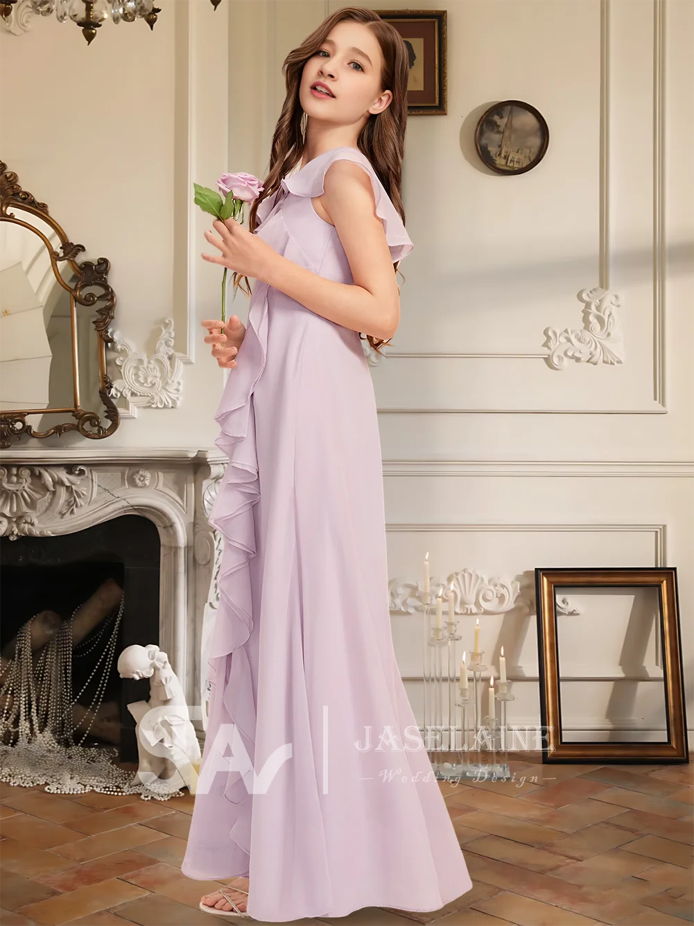 A Kids A Line V Neck Floor Length Chiffon Junior Bridesmaid Dress With Cascading Ruffles Flower Girl Dress Wedding Party Formal