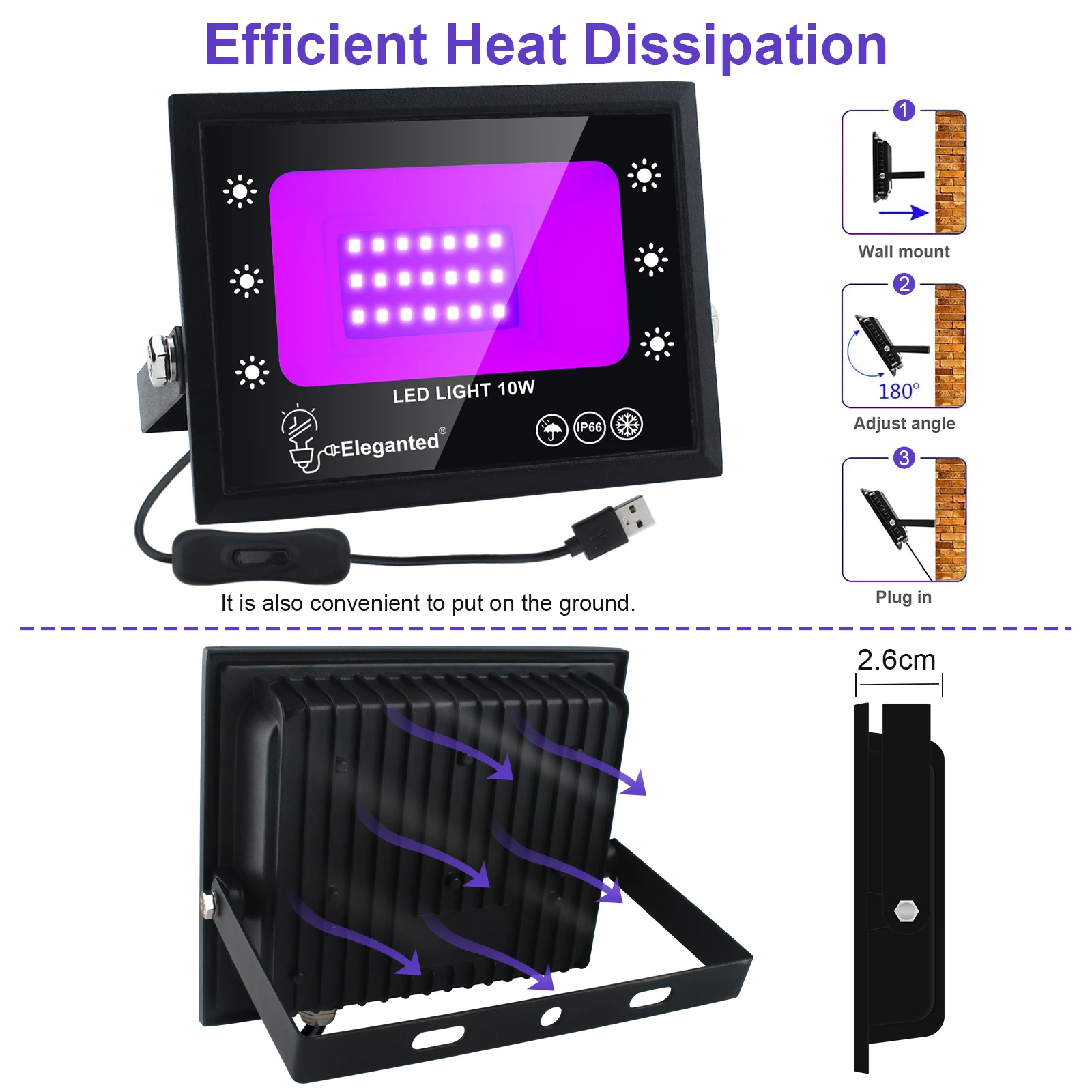 USB Purple light Flood light 10W High Brightness IP66 Waterproof Outdoor Mini Spotlight Wall Gate Garage Garden Lamp