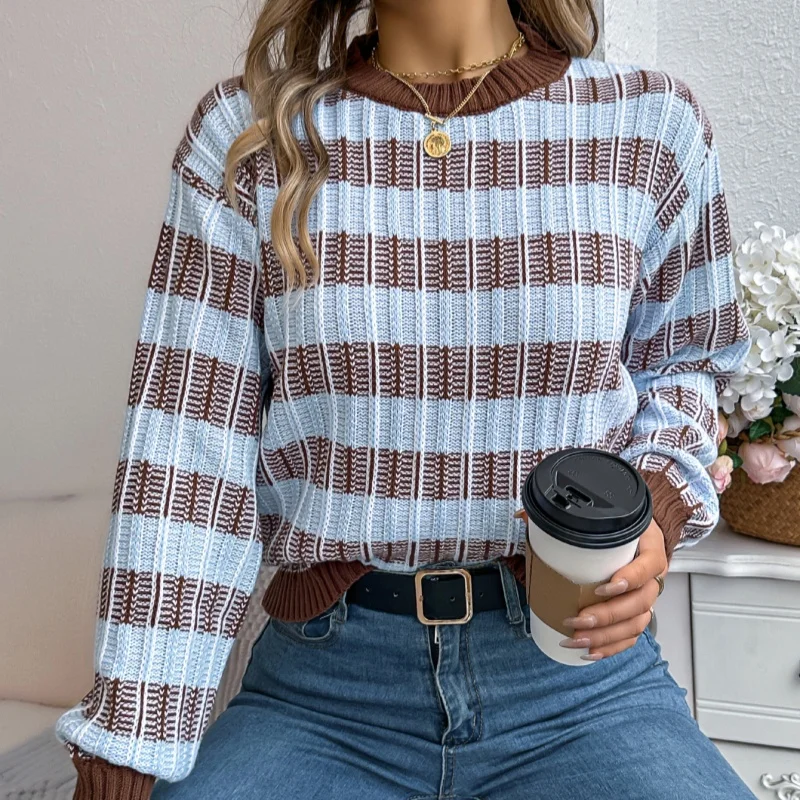 

Elegant O-neck Retro Striped Pullover Sweater Woman Autumn Winter Casual Vintage Long Sleeved Colorful Knitted Sweaters Jumpers
