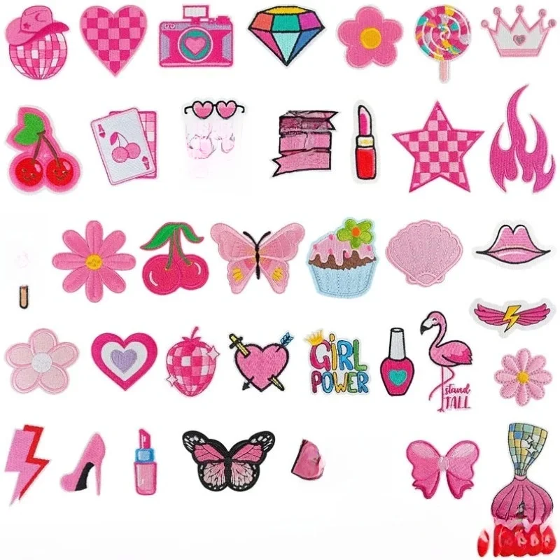 Autocollant thermocollant en tissu pour vêtements de fille, broderie mignonne rose motif appareil photo et motif talons hauts, pour ordinateur