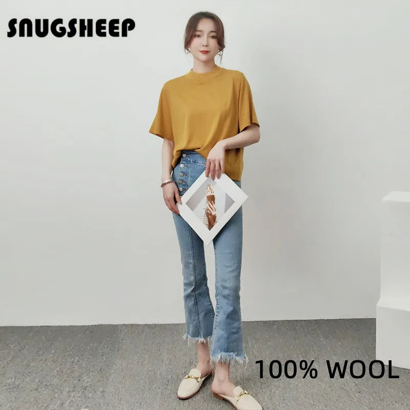 

merino wool short sleeve women shirt spring yellow top tshirt womens shirts for summer tees woman green clothes streetwear style