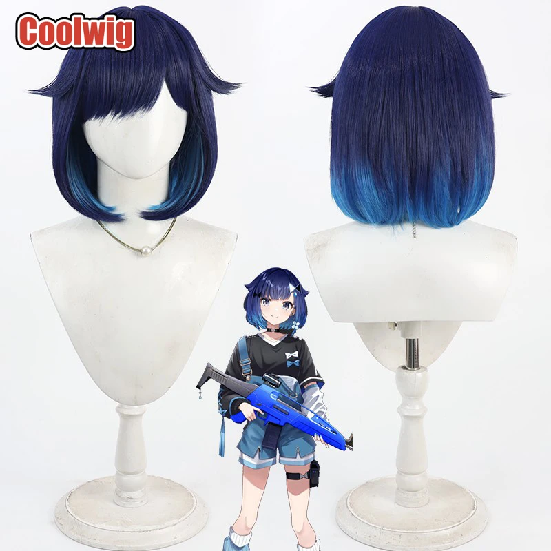 Coolwig Synthetic Hair Tsumugi Kokage Cosplay Wigs Virtual YouTuber Tsumugi Kokage 35cm Short Blue Mixed Wig Heat Resistant