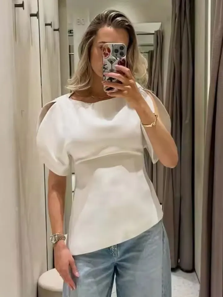 HH Women Elegant Solid Puff Sleeve Blouse Asymmetrical Hem O Neck T-Shirts 2026 Spring Fashion Female Streetwear Y2K Tops photo review