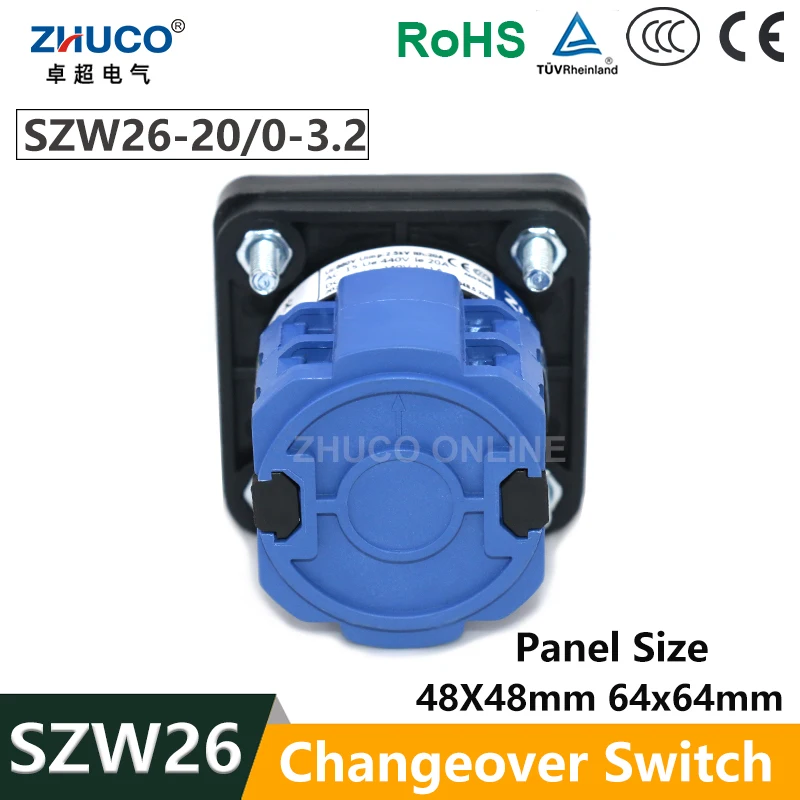 ZHUCO SZW26/LW26-20 20A 64X64 Mm 48X48 Mm 0-1-2-3 Two Pole Four Position Power Knob Selection Universal Changeover Cam Switch