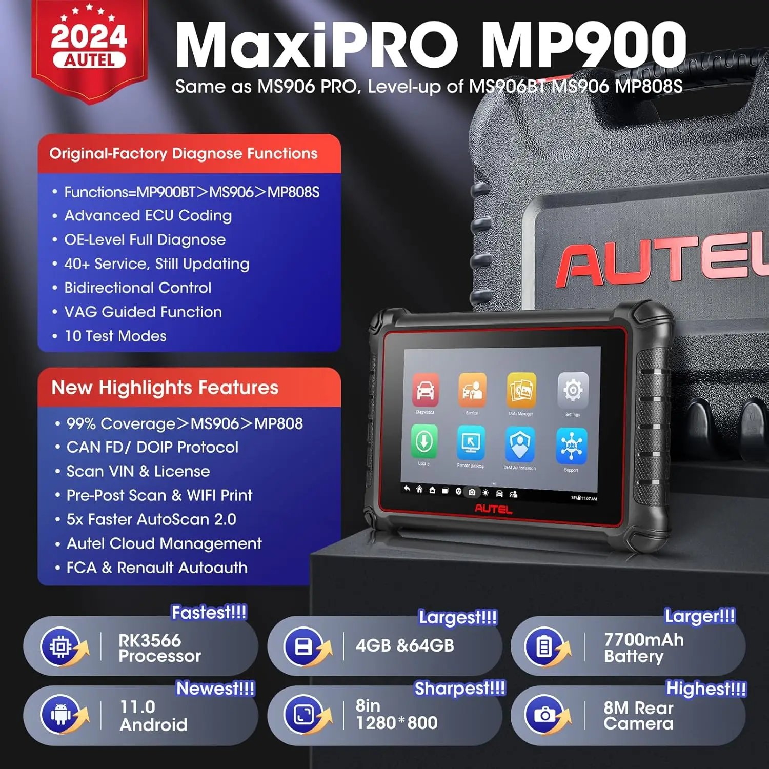 Autel MaxiPRO MP900, 2024 Newer of MS906BT MP808BT PRO MK900 MX900 MK808S, ECU Coding & Bidirectional 3000+ Active Test