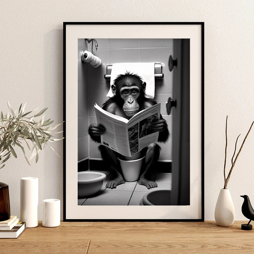 Funny Animals Sitting on the Toilet Reading a Newspaper Prints Bathroom Wall Decor Pictures Monkey Dog Cow WC Wall Posters