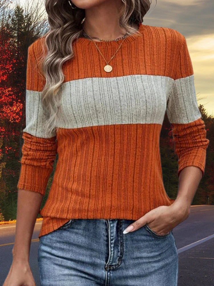 Autumn Women Long Sleeve Patchwork Loose O-Neck Jumper Street Casual Knitted Lady Pullover Female Striped Contrast Color Sweater