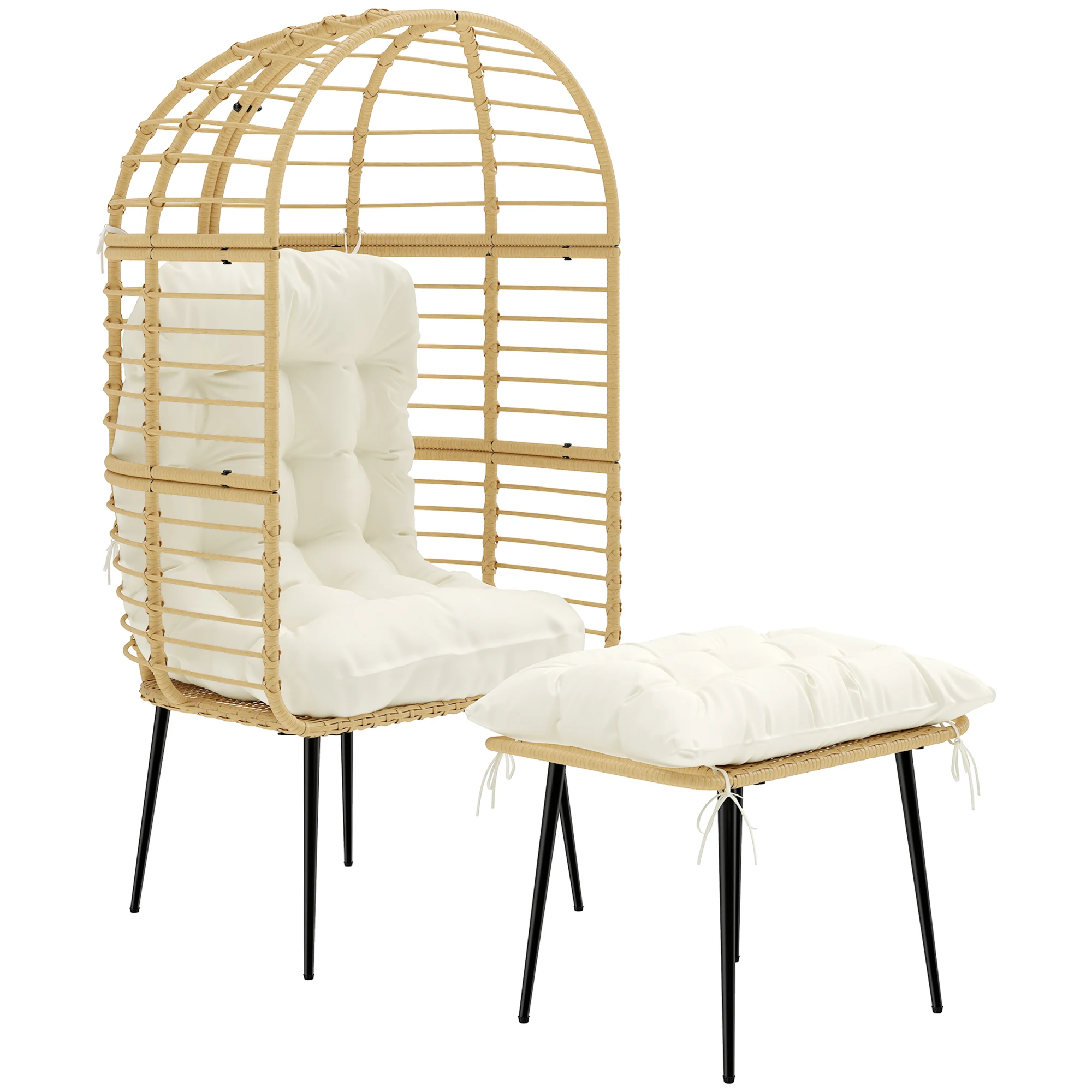 Fauteuil de jardin avec repose-pieds, fauteuil en rotin PE en forme d'œuf avec coussins longs et épais, structure en métal, beige