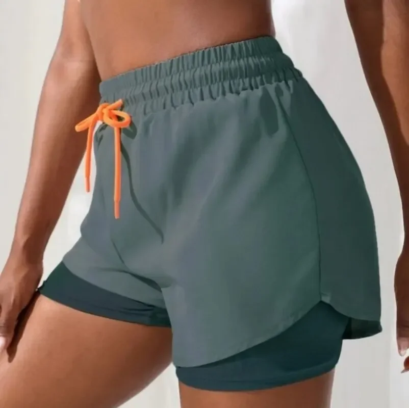 Short de Yoga taille haute pour femmes, avec contrôle de proximité élastique, short de course, faux pantalon deux pièces