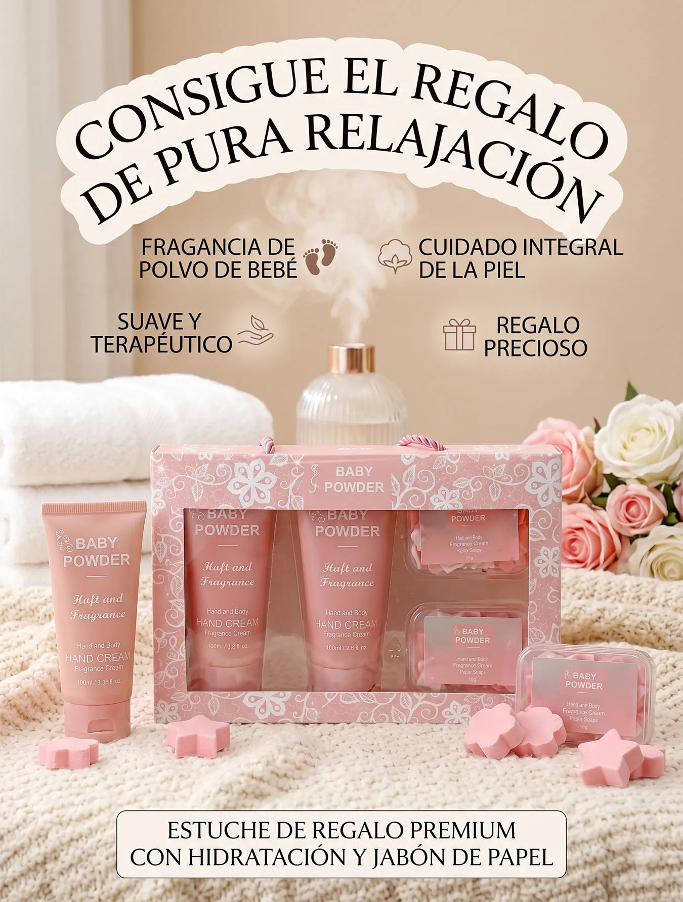 Set de Regalo Baby Powder: 2 Cremas de Manos y Cuerpo Hidratantes + 2 Jabones en Escamas Rosa. Kit de Belleza Aroma Relajante a Polvo de Bebé para Cuidado Personal y Rutina de Spa. Estuche Premium de Lujo Coquette.