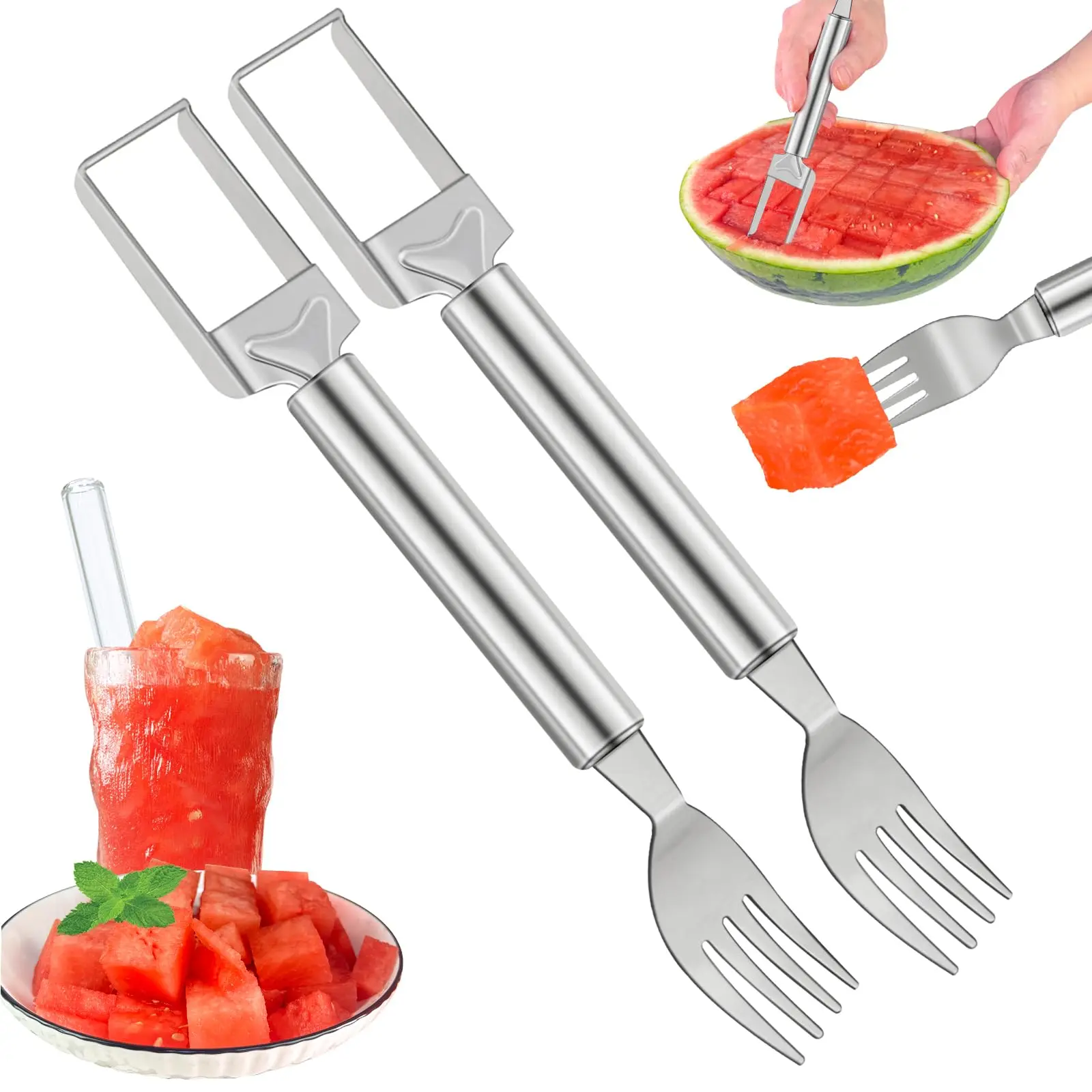 2-in-1 Multifunctional Stainless Steel Watermelon Cutter Slicer with Integrated Fruit Fork, Fast Even Fruit Cube Cutting Tool for Melon, Mango, Dragon Fruit, Portable Reusable Kitchen Gadget for Household, Camping, Picnic & Outdoor Use